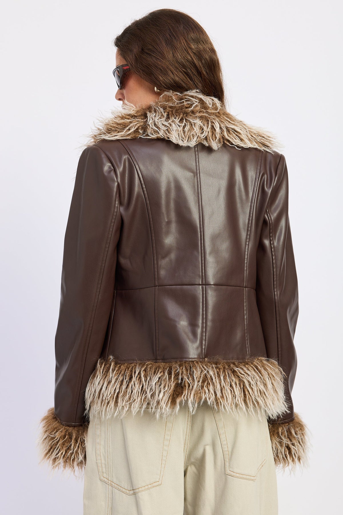 Soraya faux leather fur trim jacket in burgundy and brown - view 7
