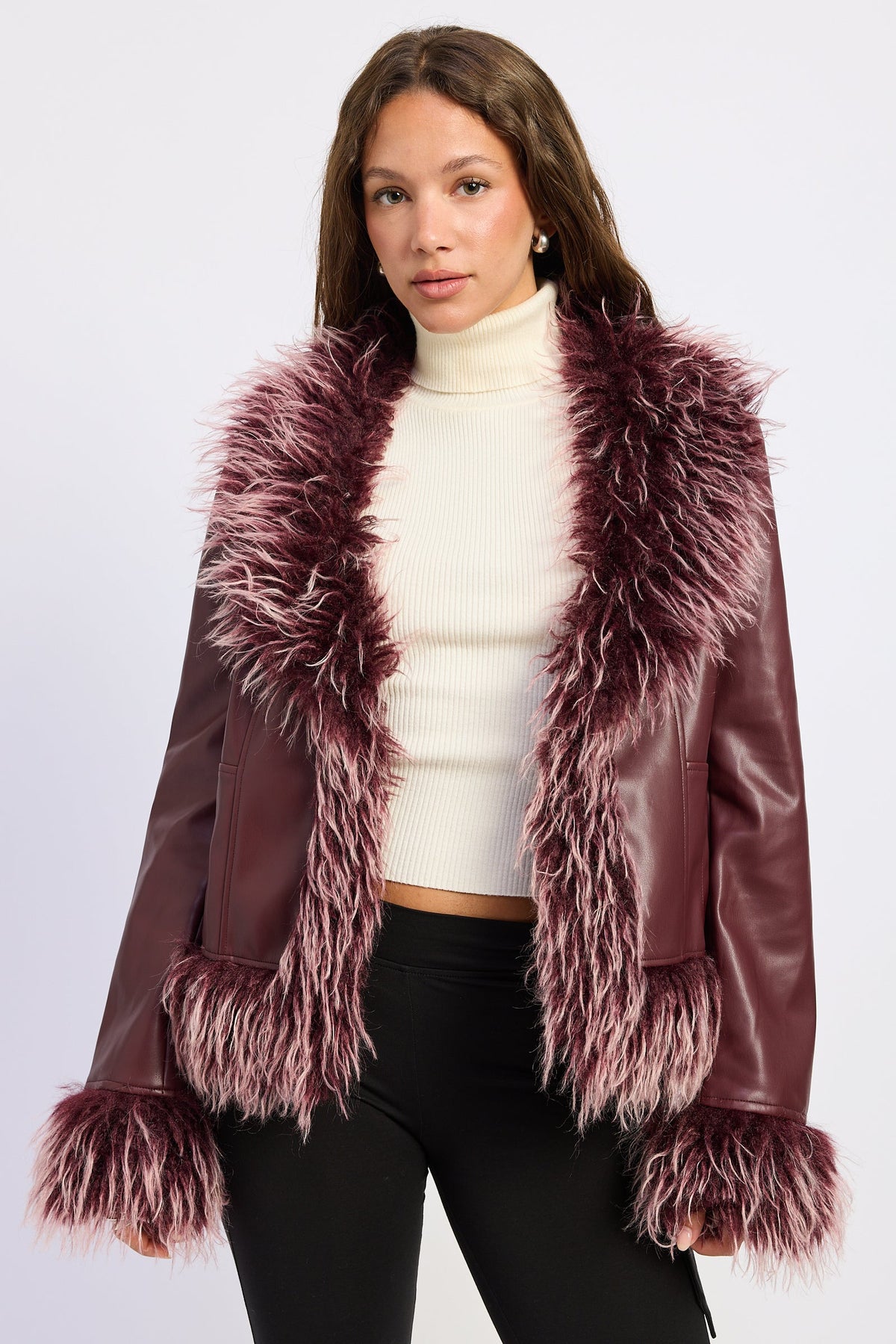 Soraya faux leather fur trim jacket in burgundy and brown - view 1