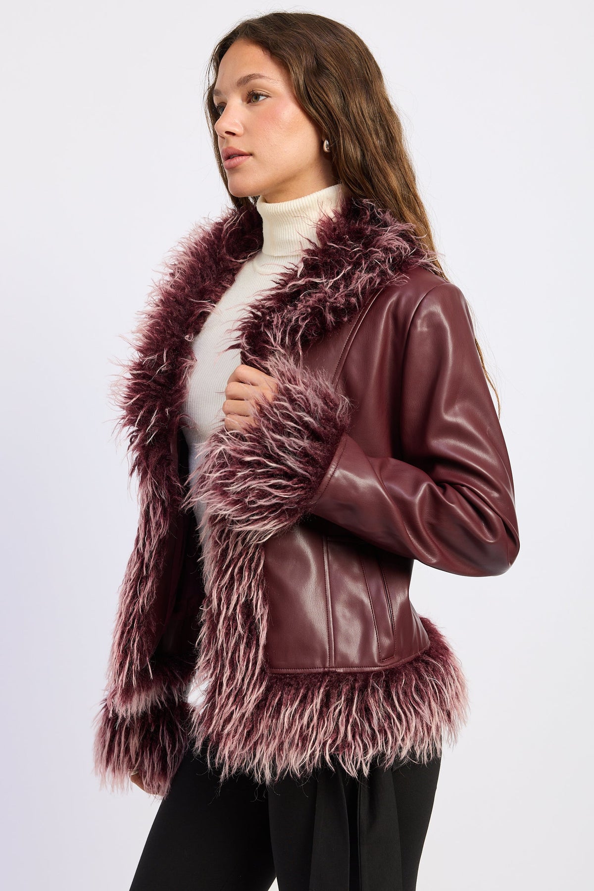 Soraya faux leather fur trim jacket in burgundy and brown - view 2