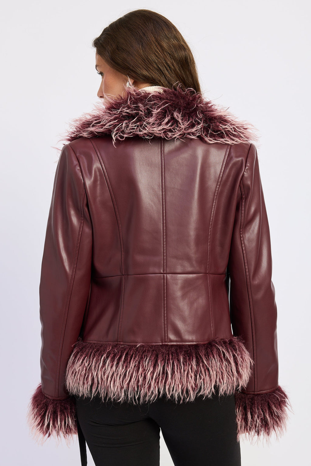 Soraya faux leather fur trim jacket in burgundy and brown - view 3