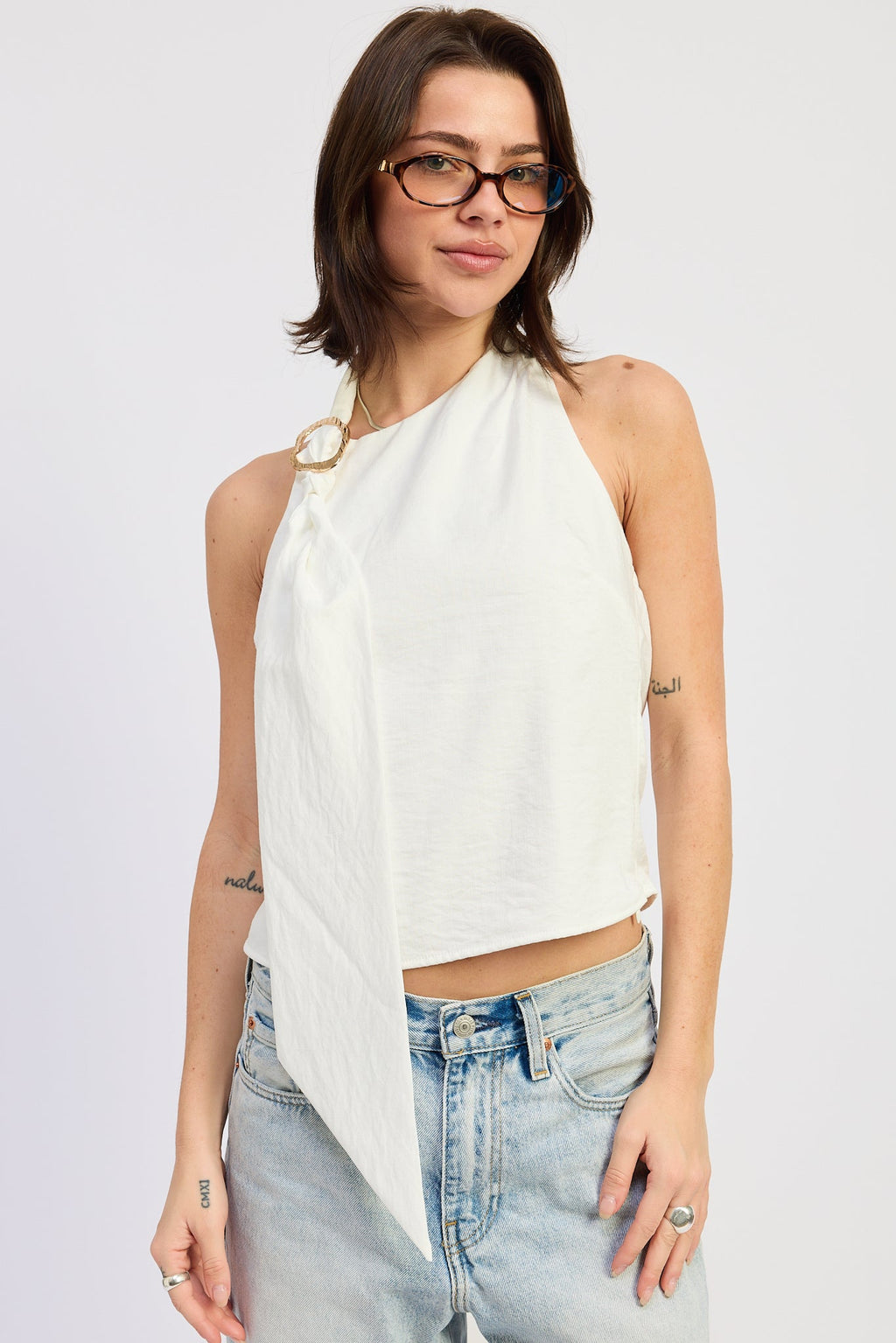 Roselle Top in White - front view showing one shoulder and scarf detail