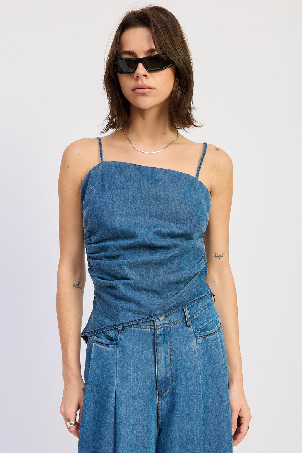 Dakota Top in Denim Blue - front view showing asymmetrical spaghetti strap neckline