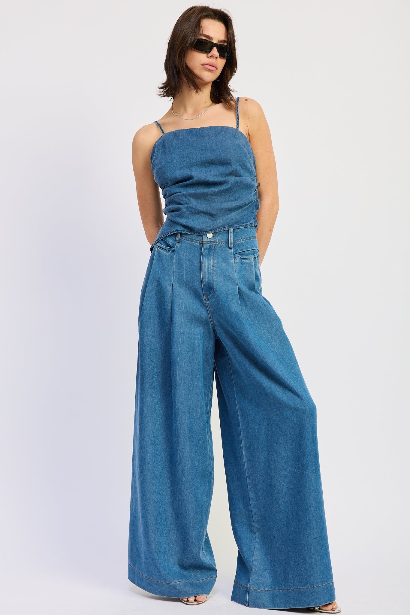 Dakota Top in Denim Blue - styled outfit full length view