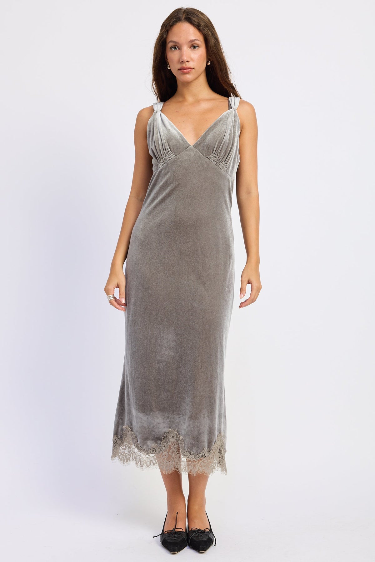 Maeve grey V-neck lace midi dress with open back - view 1