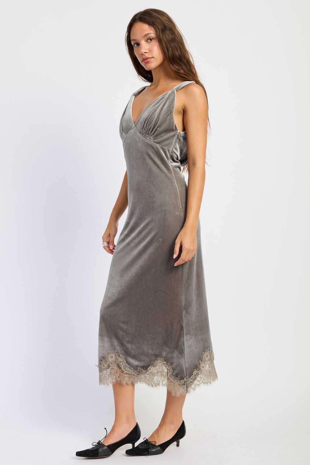 Maeve grey V-neck lace midi dress with open back - view 2