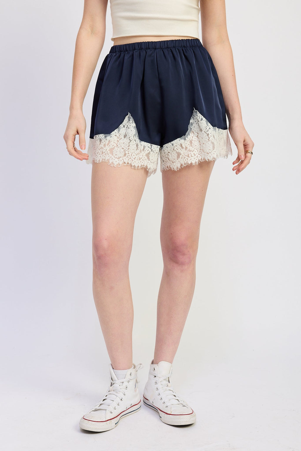 Ana Satin Shorts in Navy - styled outfit full length view