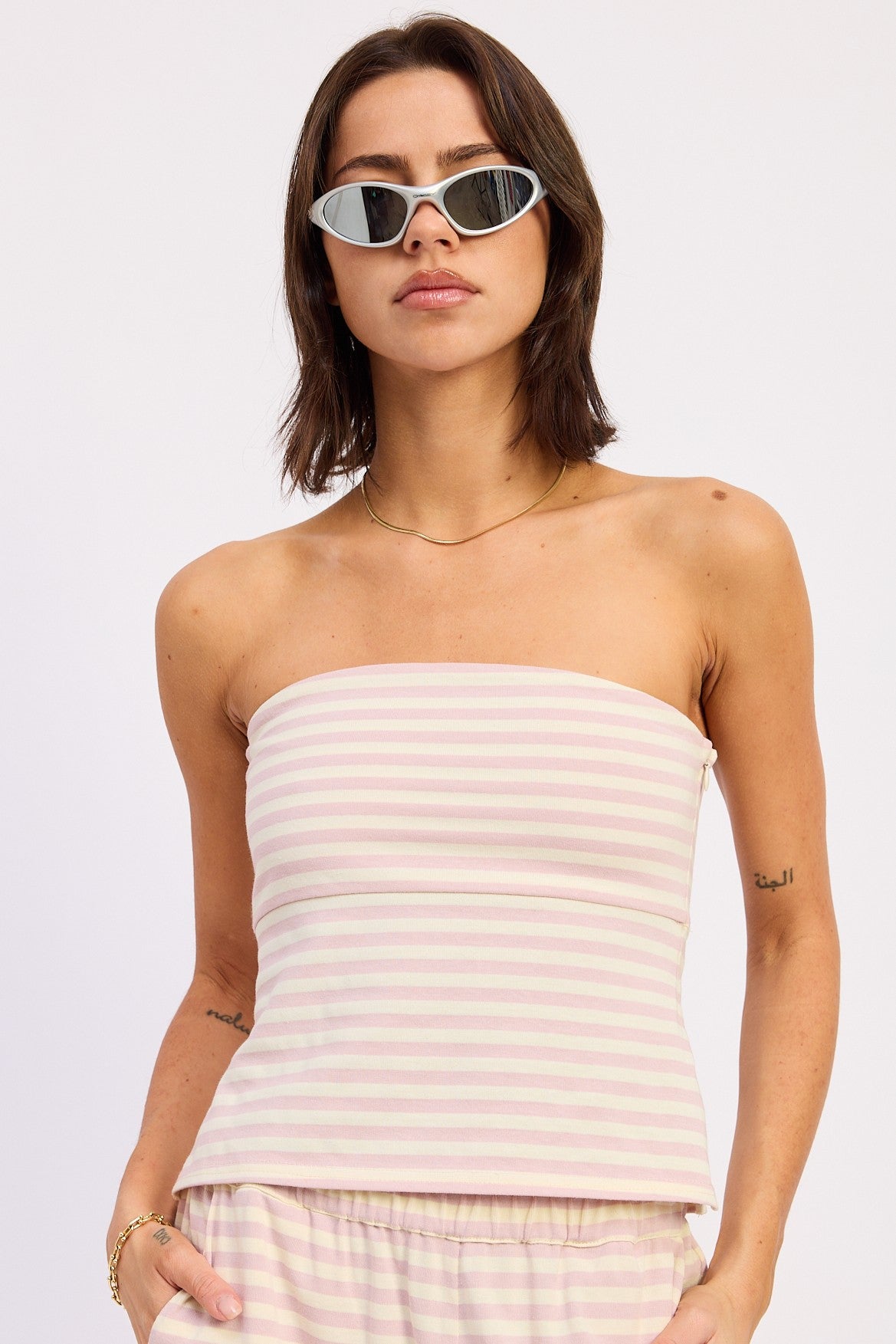 Nerina Tube Top in Pink Ivory Stripe - front view