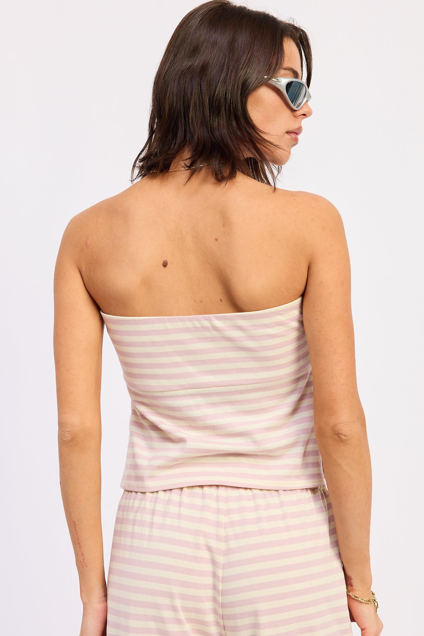 Nerina Tube Top in Pink Ivory Stripe - styled as matching set with Nerina Pants