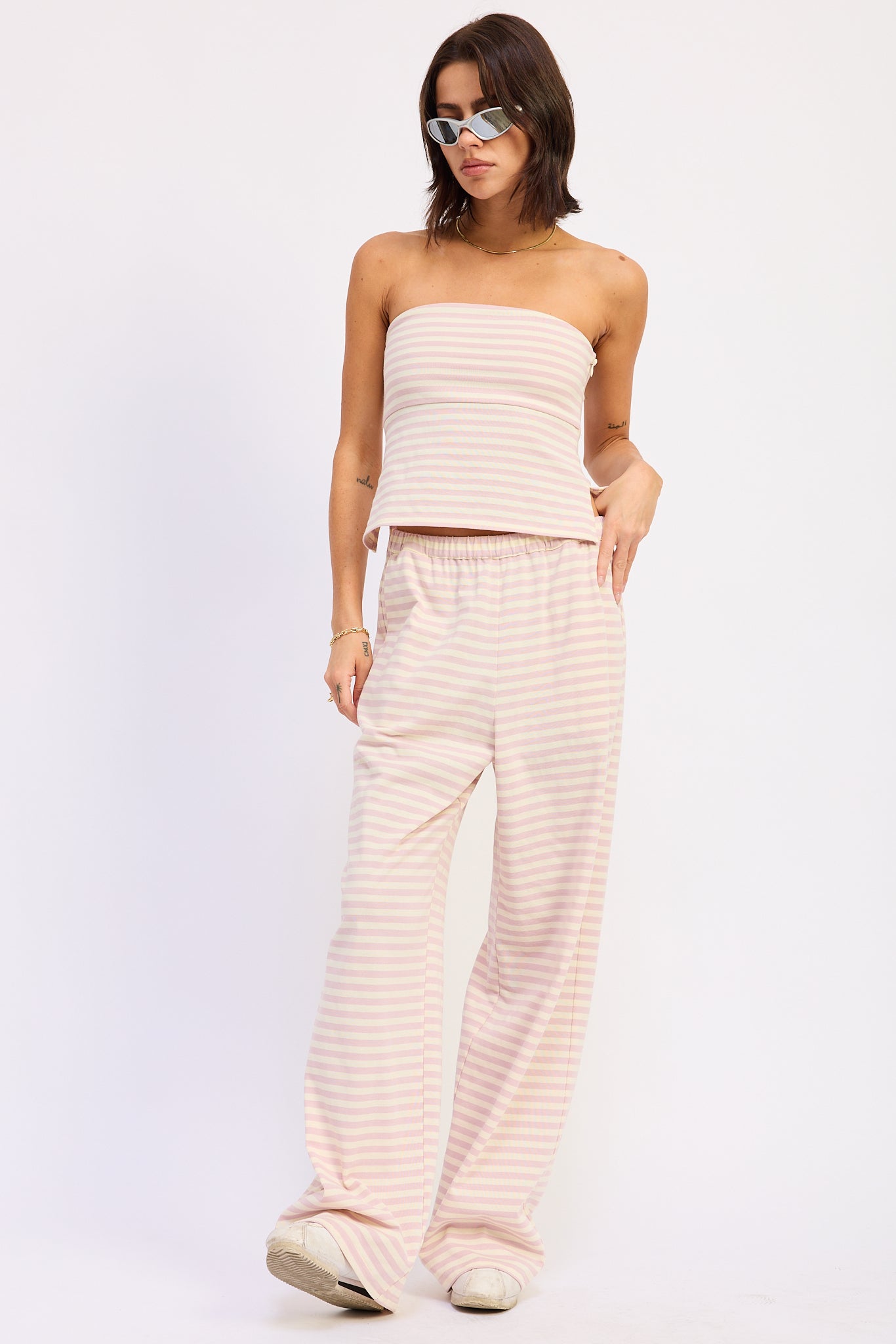 Nerina Tube Top in Avocado Ivory Stripe - front view
