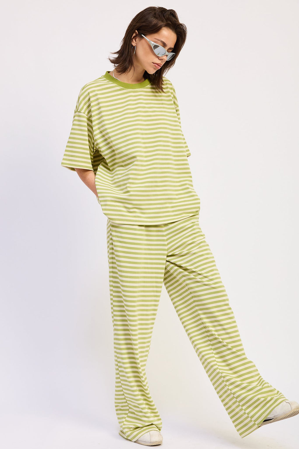 Nerina Striped Pants in Avocado Ivory Stripe - styled outfit view