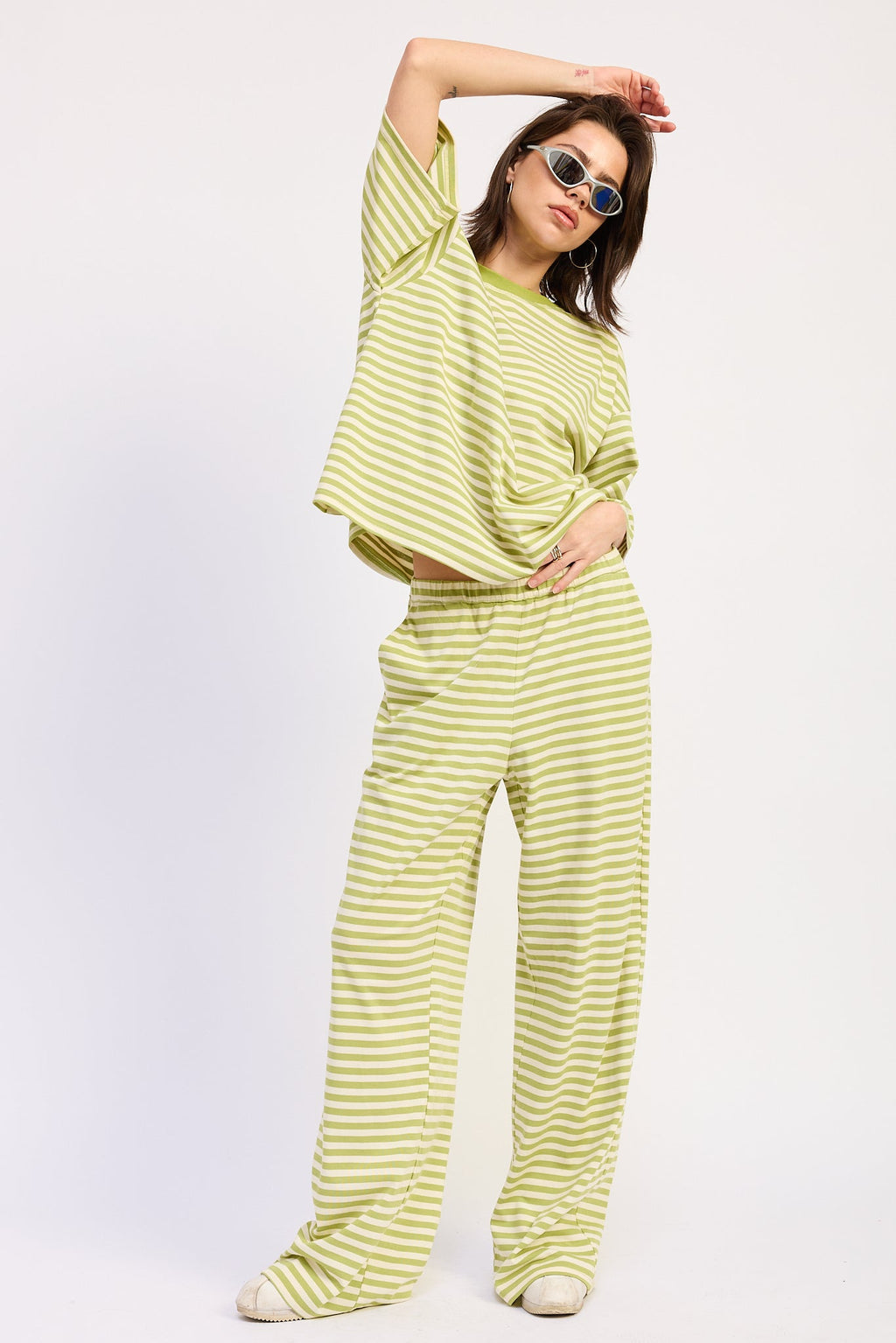 Nerina Striped Pants in Avocado Ivory Stripe - back view