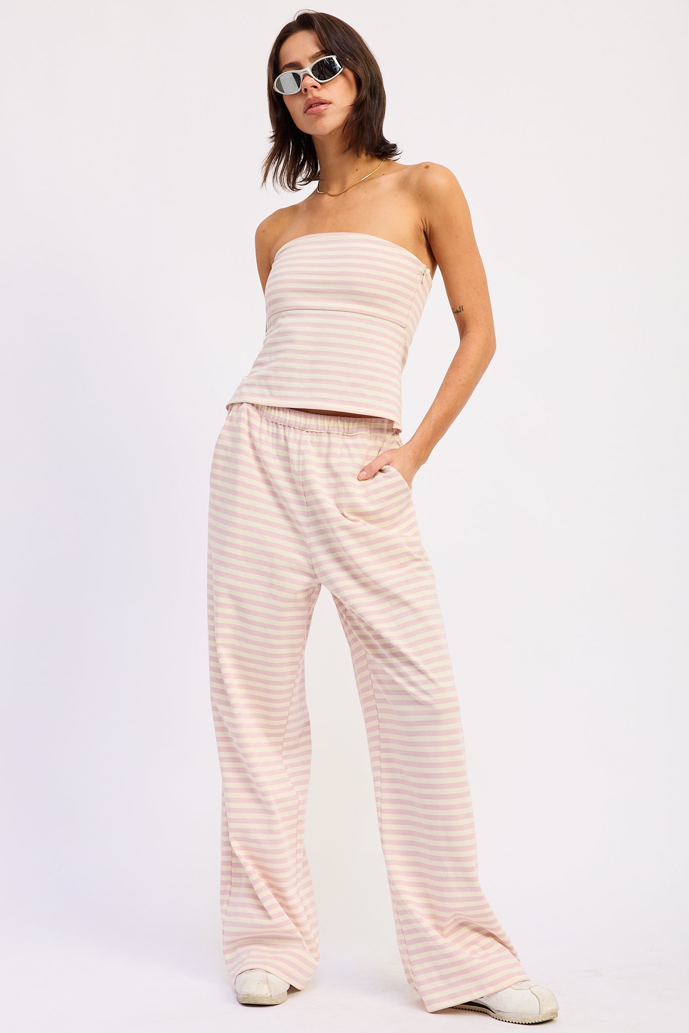 Nerina Striped Pants in Pink Ivory Stripe - front view showing wide leg and elastic waist