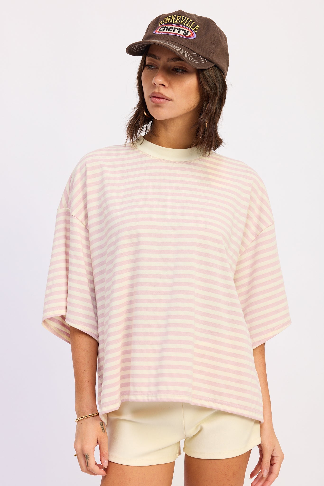 Nerina Oversized Shirt in Pink Ivory Stripe - front view