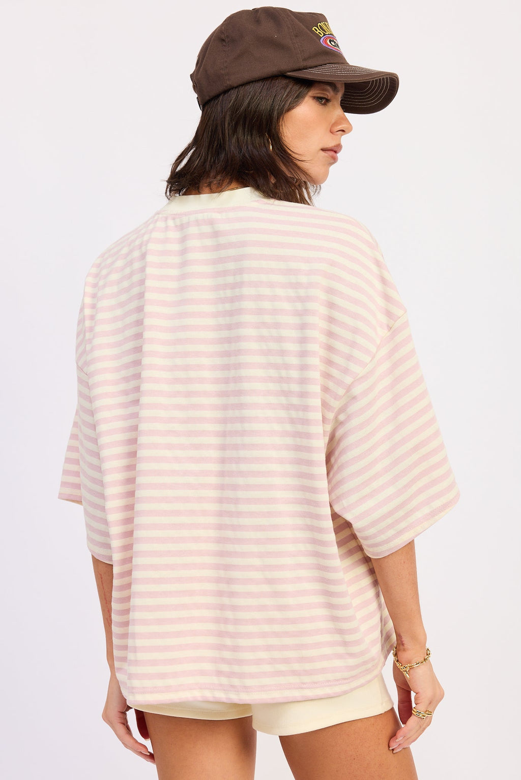 Nerina Oversized Shirt in Pink Ivory Stripe - styled as matching set with Nerina Pants