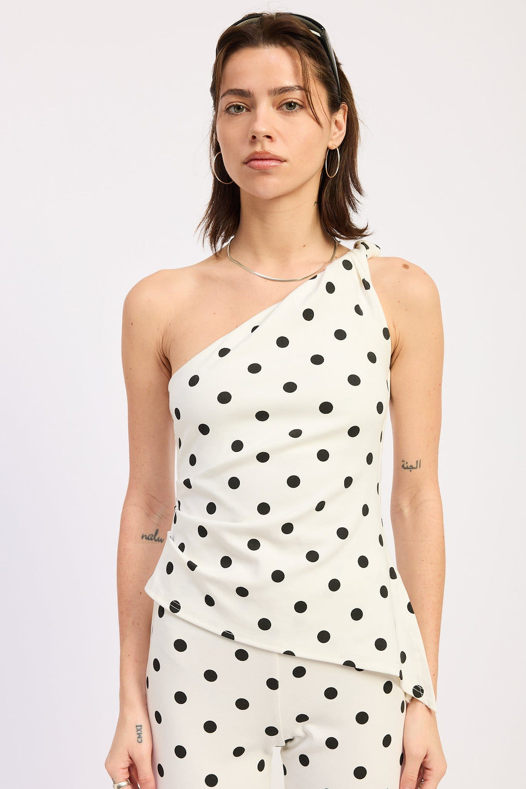 Pamela Top in Ivory Black Polka Dot - front view showing one shoulder asymmetrical neckline