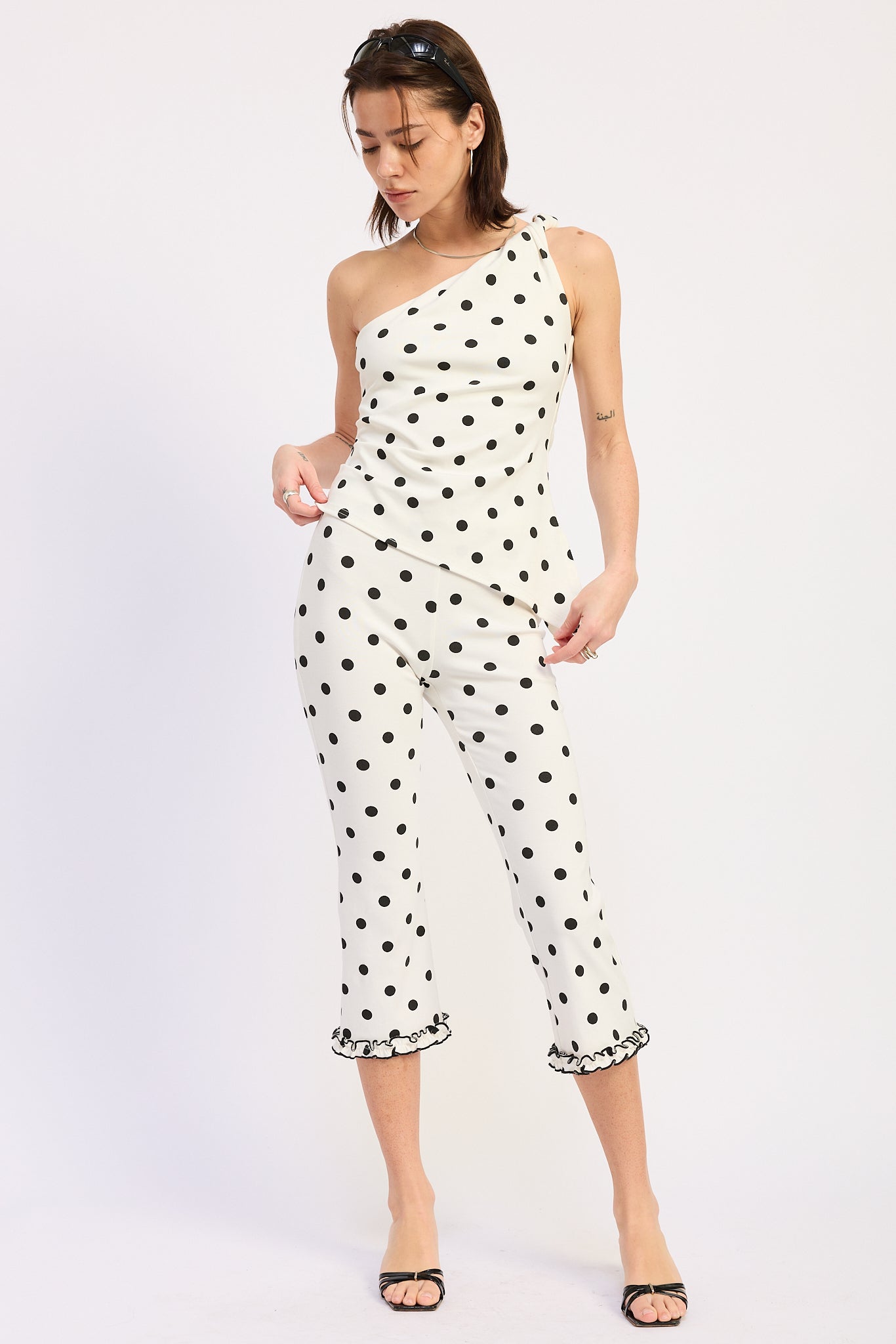 Pamela Top in Ivory Black Polka Dot - styled outfit view