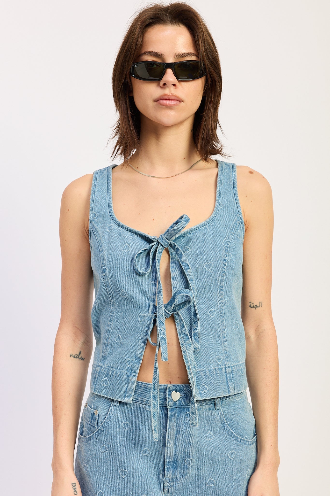 Solene Tie Top in Light Blue Denim - front view showing front tie detail