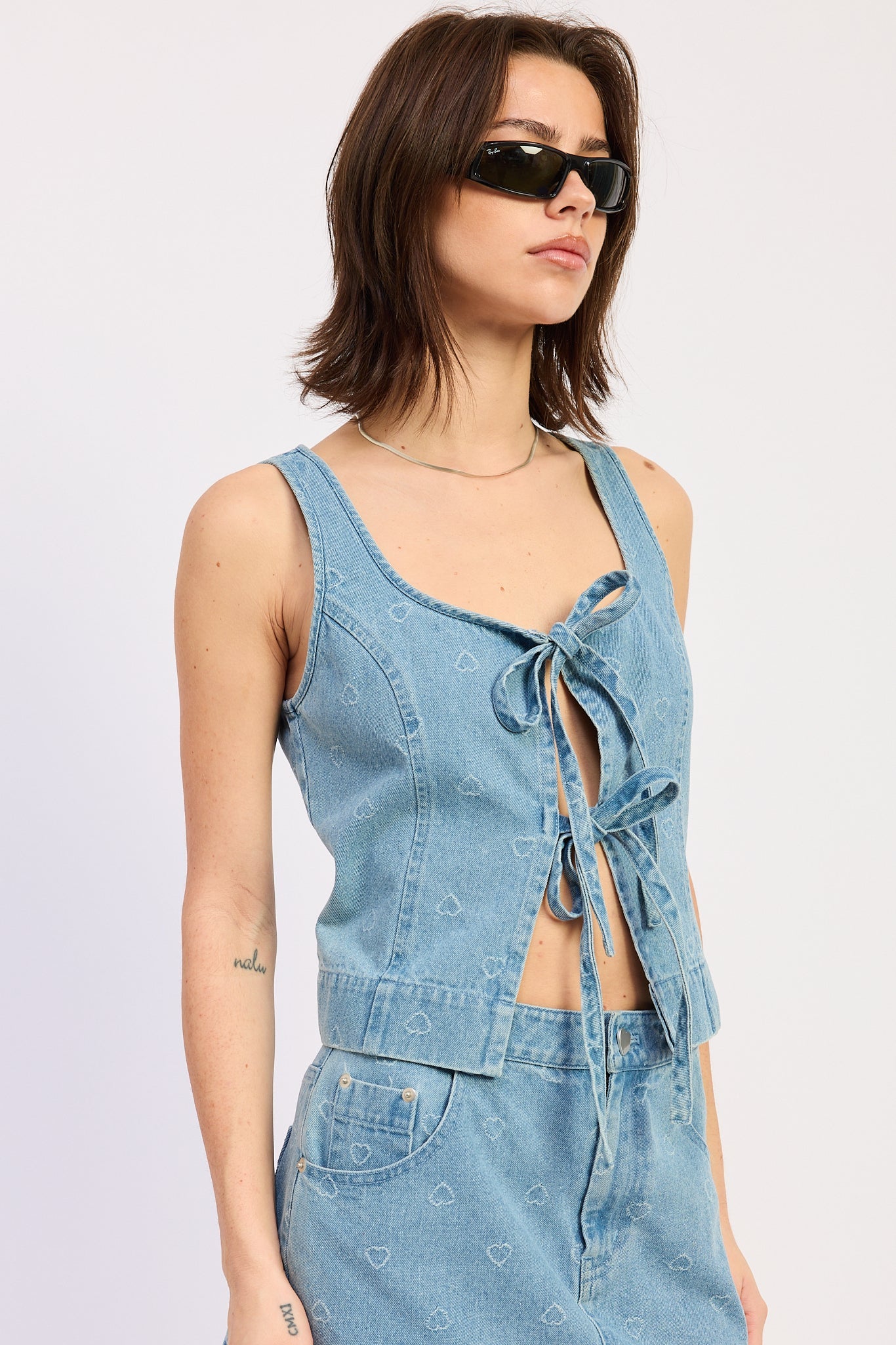 Solene Tie Top in Light Blue Denim - back view