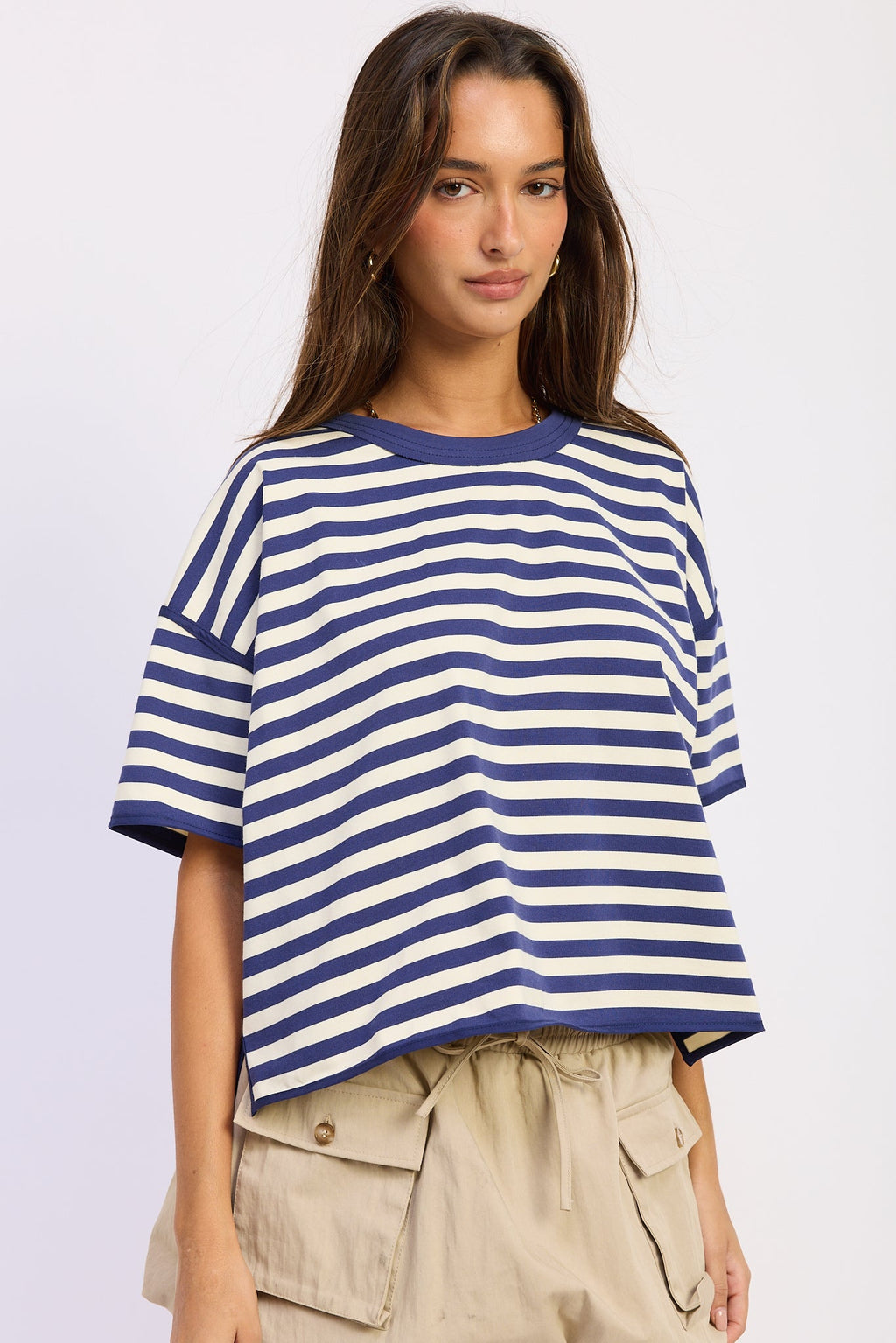 Fenella Top in Navy Ivory Stripe - styled outfit view