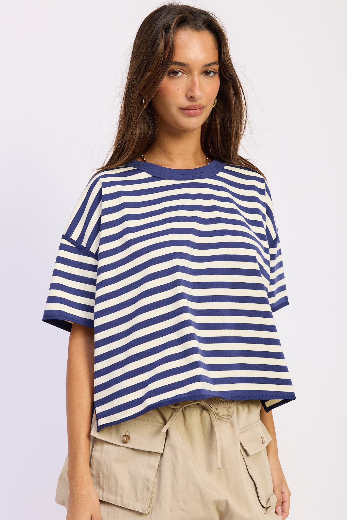 Fenella Top in Navy Ivory Stripe - styled outfit view