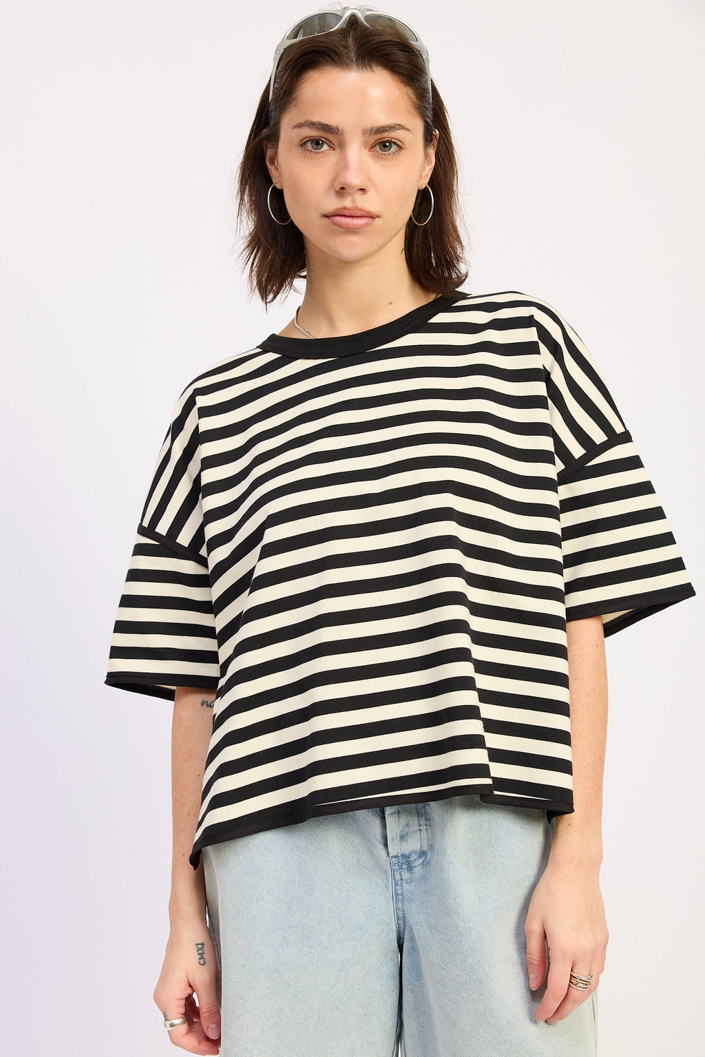 Fenella Top in Black Ivory Stripe - front view showing oversized fit