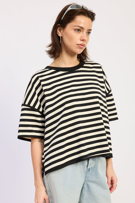 Fenella Top in Black Ivory Stripe - back view