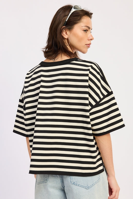 Fenella Top in Black Ivory Stripe - styled tucked into trousers