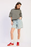 Fenella Top in Navy Ivory Stripe - front view
