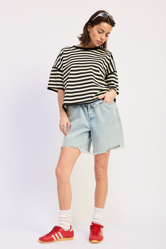 Fenella Top in Navy Ivory Stripe - front view