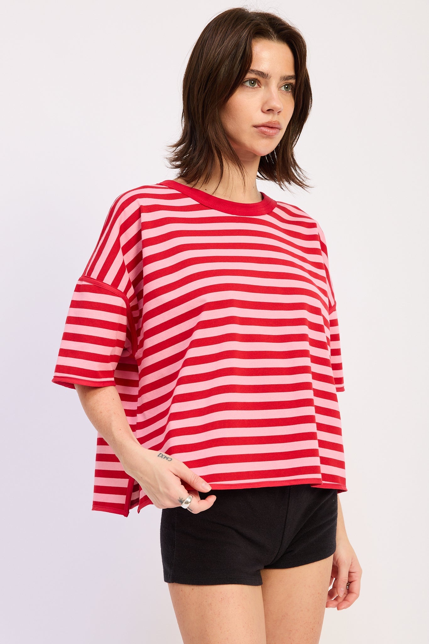 Fenella Top in Navy Ivory Stripe - full length view