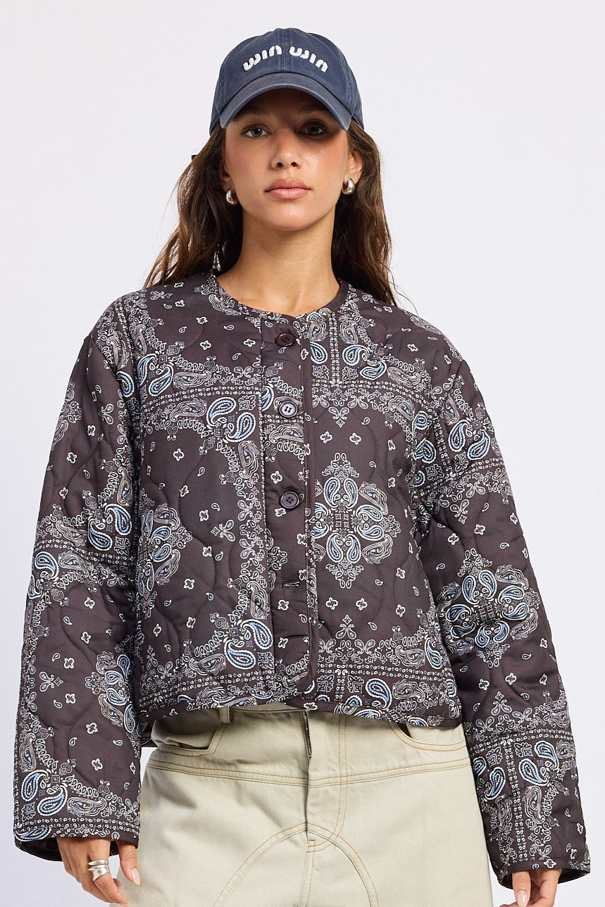 Penelope Jacket in chocolate paisley - front view