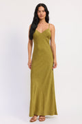 Spaghetti Strap Satin Maxi Dress in avocado, front view