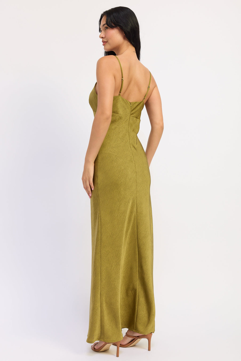 Spaghetti Strap Satin Maxi Dress in avocado, side view