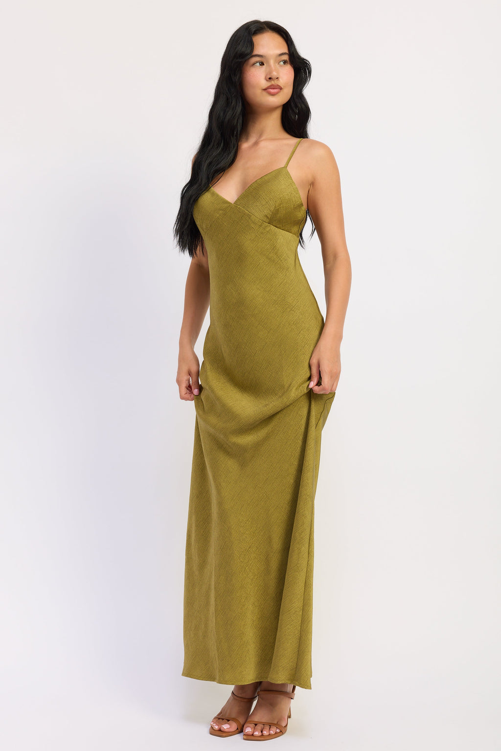 Spaghetti Strap Satin Maxi Dress in avocado, worn