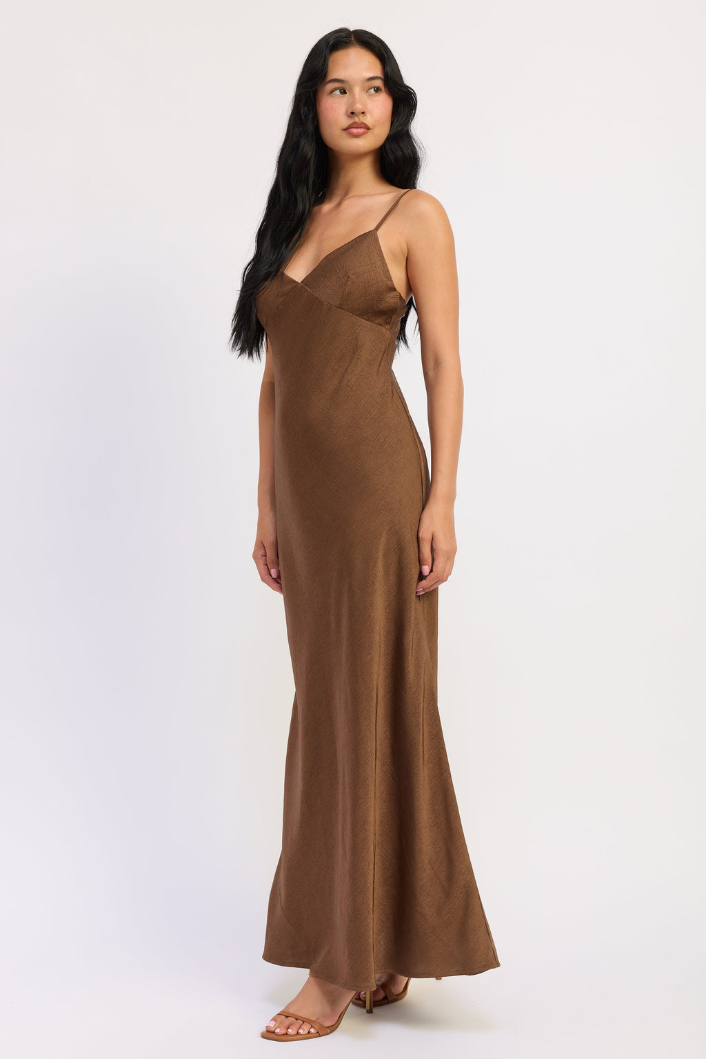 Spaghetti Strap Satin Maxi Dress in brown, detail