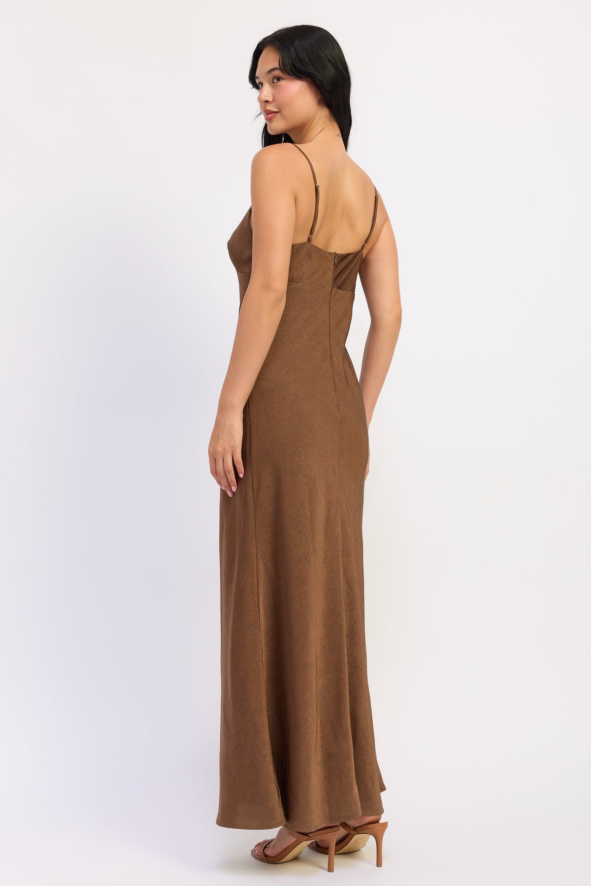 Spaghetti Strap Satin Maxi Dress in brown, side view