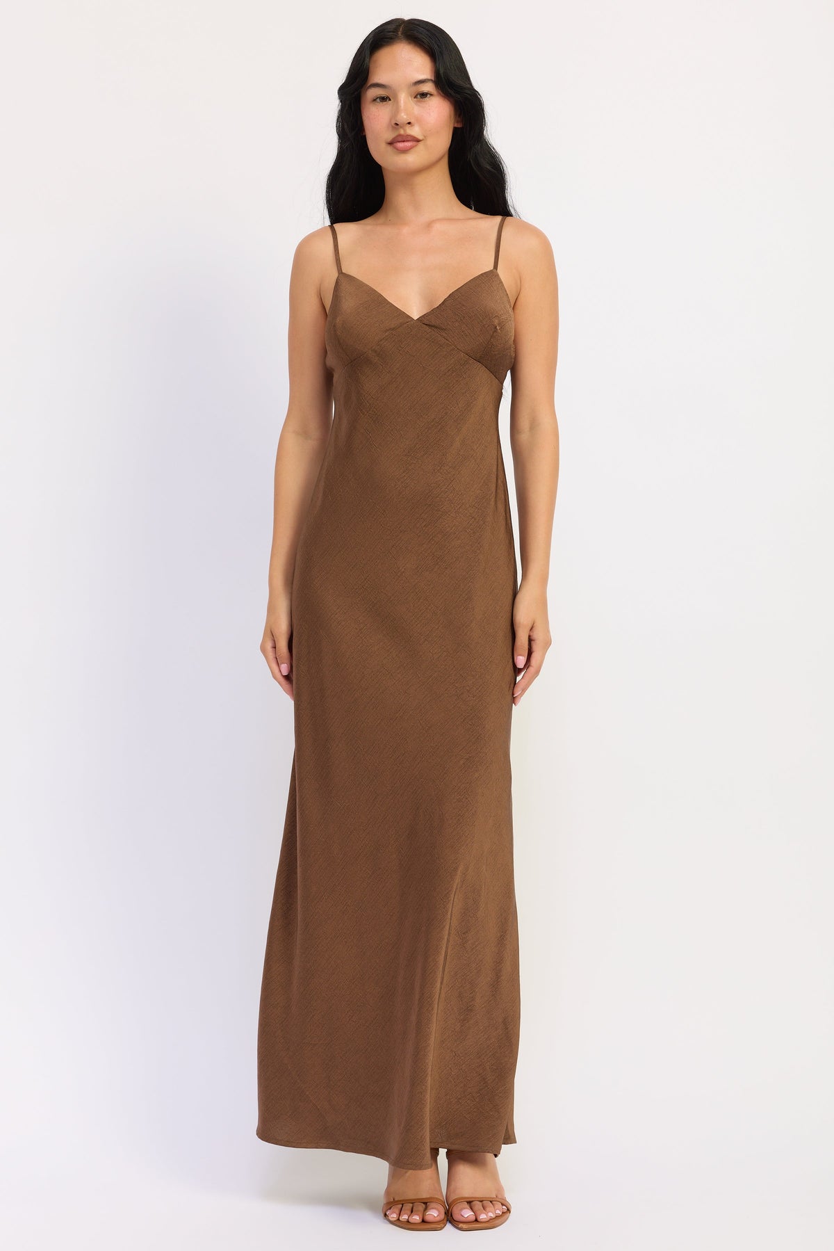 Spaghetti Strap Satin Maxi Dress in brown, back view
