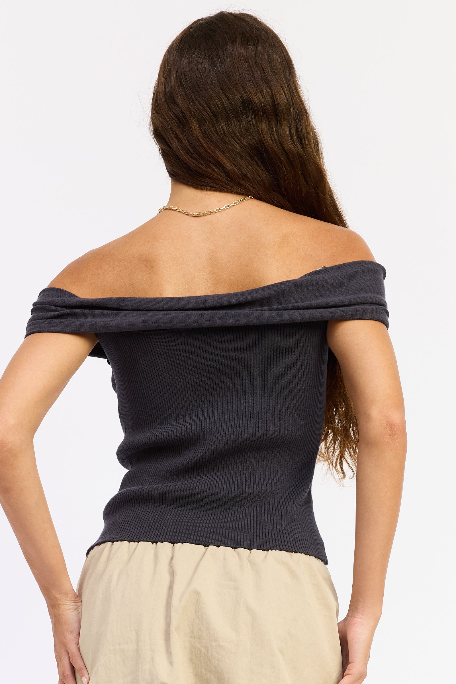 Off Shoulder Sweater Knit Top in dark grey, side view