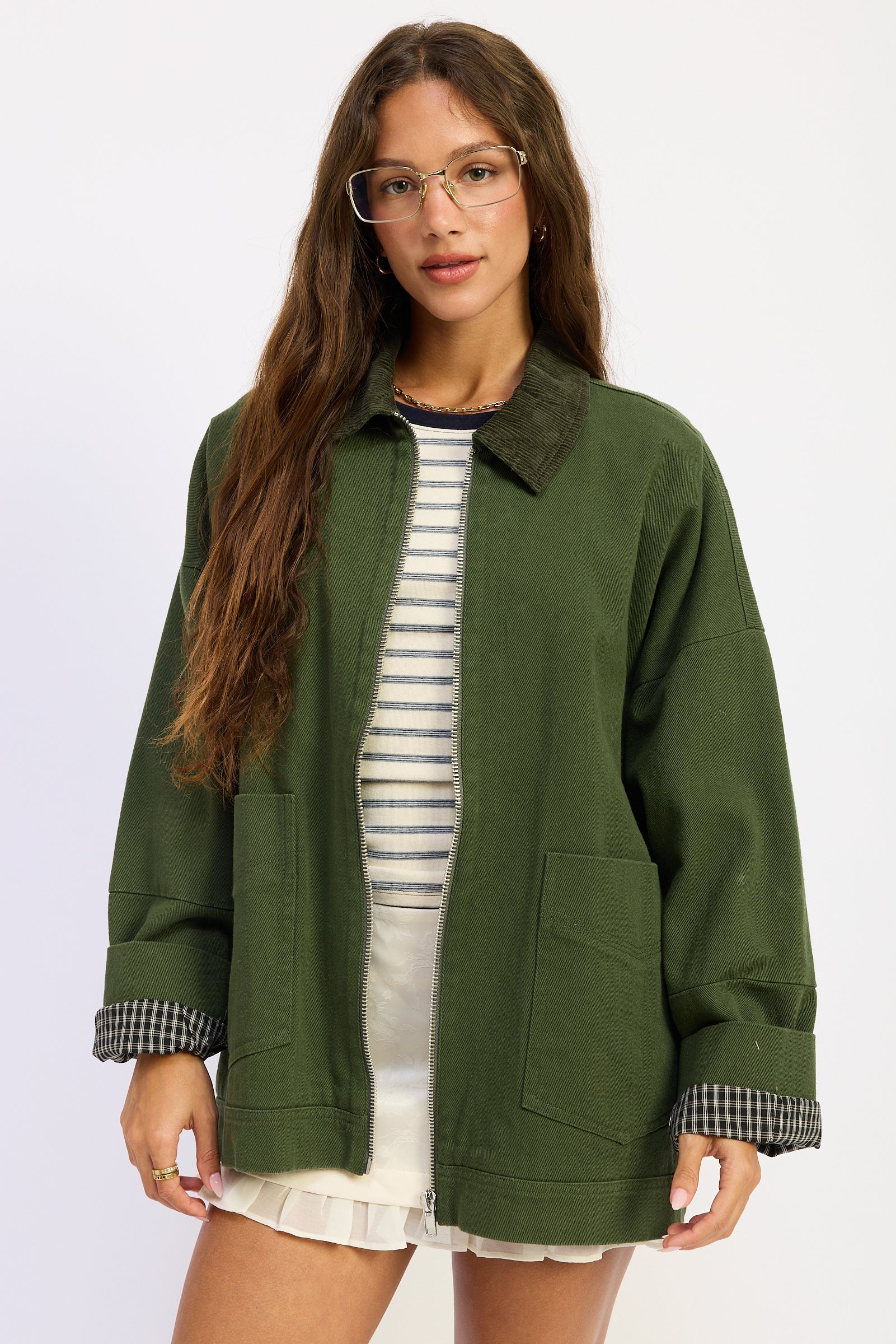 Washed Twill Utility Jacket in olive, front view