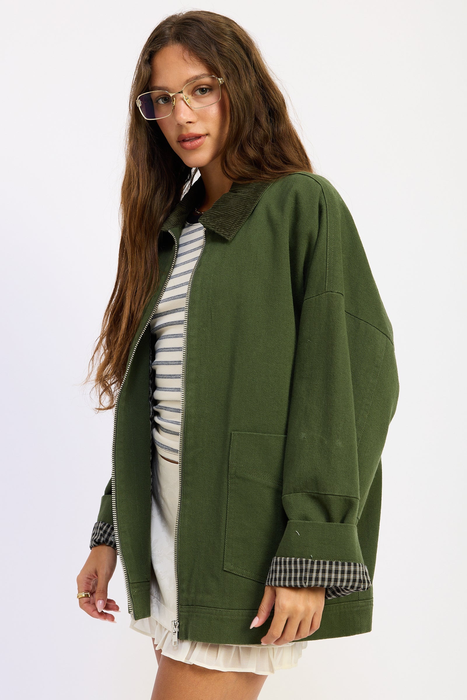 Washed Twill Utility Jacket in olive, detail
