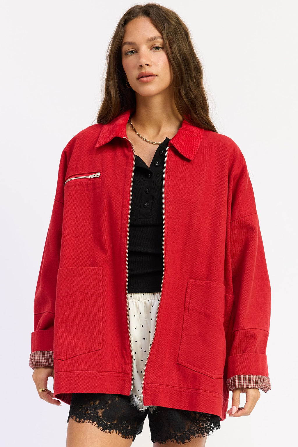 Washed Twill Utility Jacket in red, front view