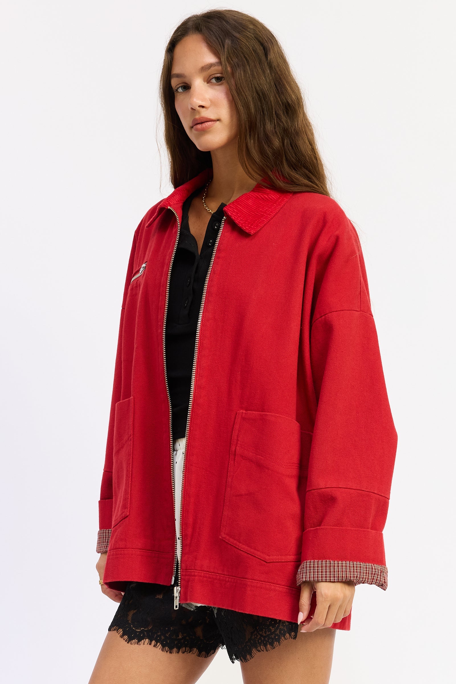 Washed Twill Utility Jacket in red, detail