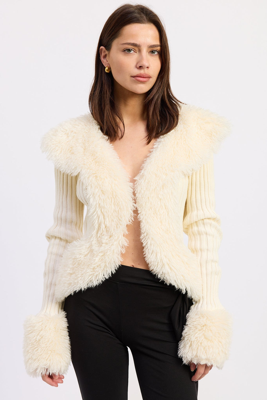 Fur Collar Knit Cardigan in off-white, front view