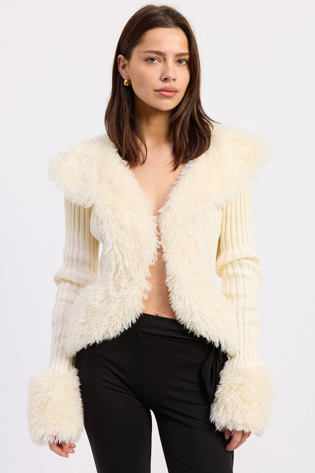 Fur Collar Knit Cardigan in off-white, front view