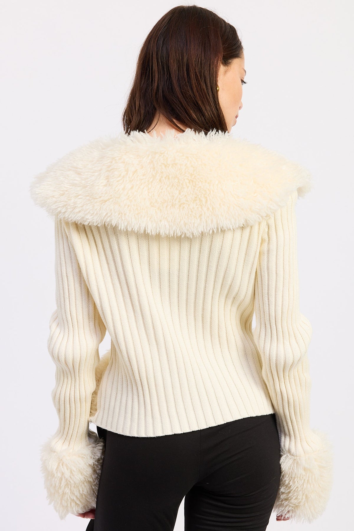 Fur Collar Knit Cardigan in off-white, styled view