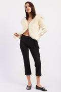 Fur Collar Knit Cardigan in off-white, back view