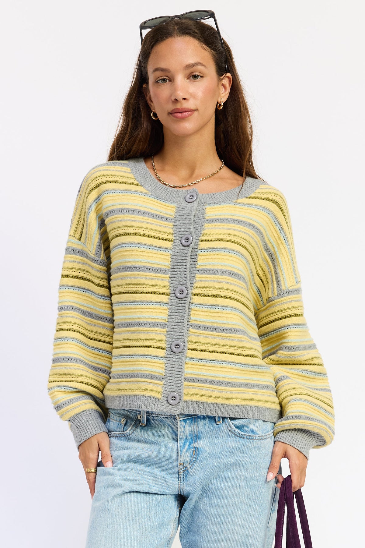Ellie Cardigan in lemon grey multi - front view