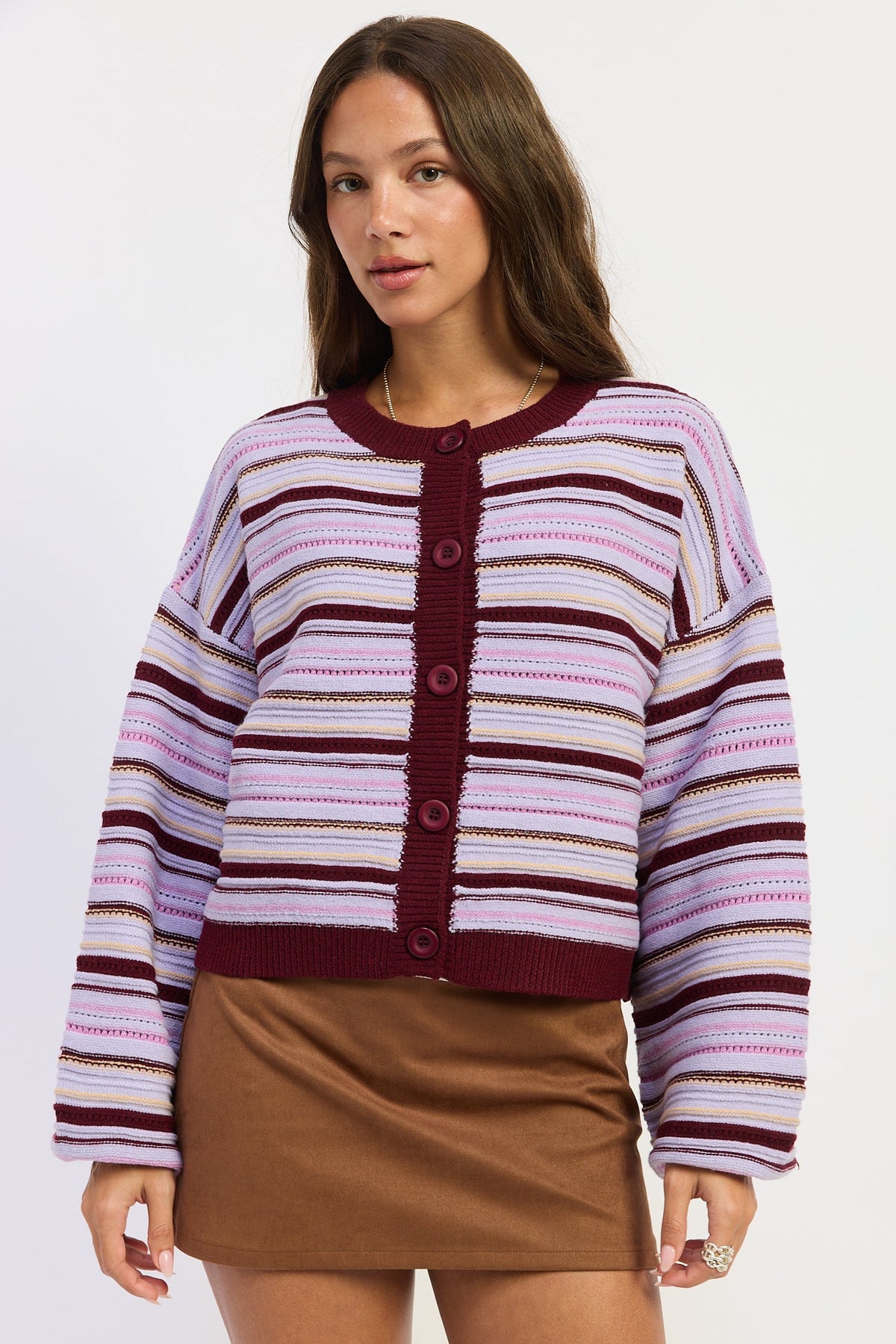 Ellie Cardigan in purple burgundy multi - front view