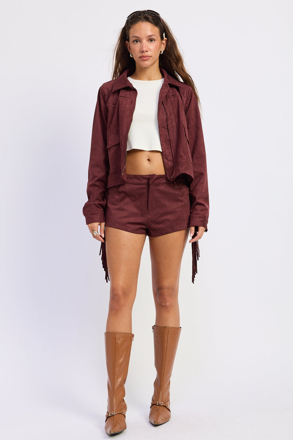 Suede Cropped Jacket in wine, front view