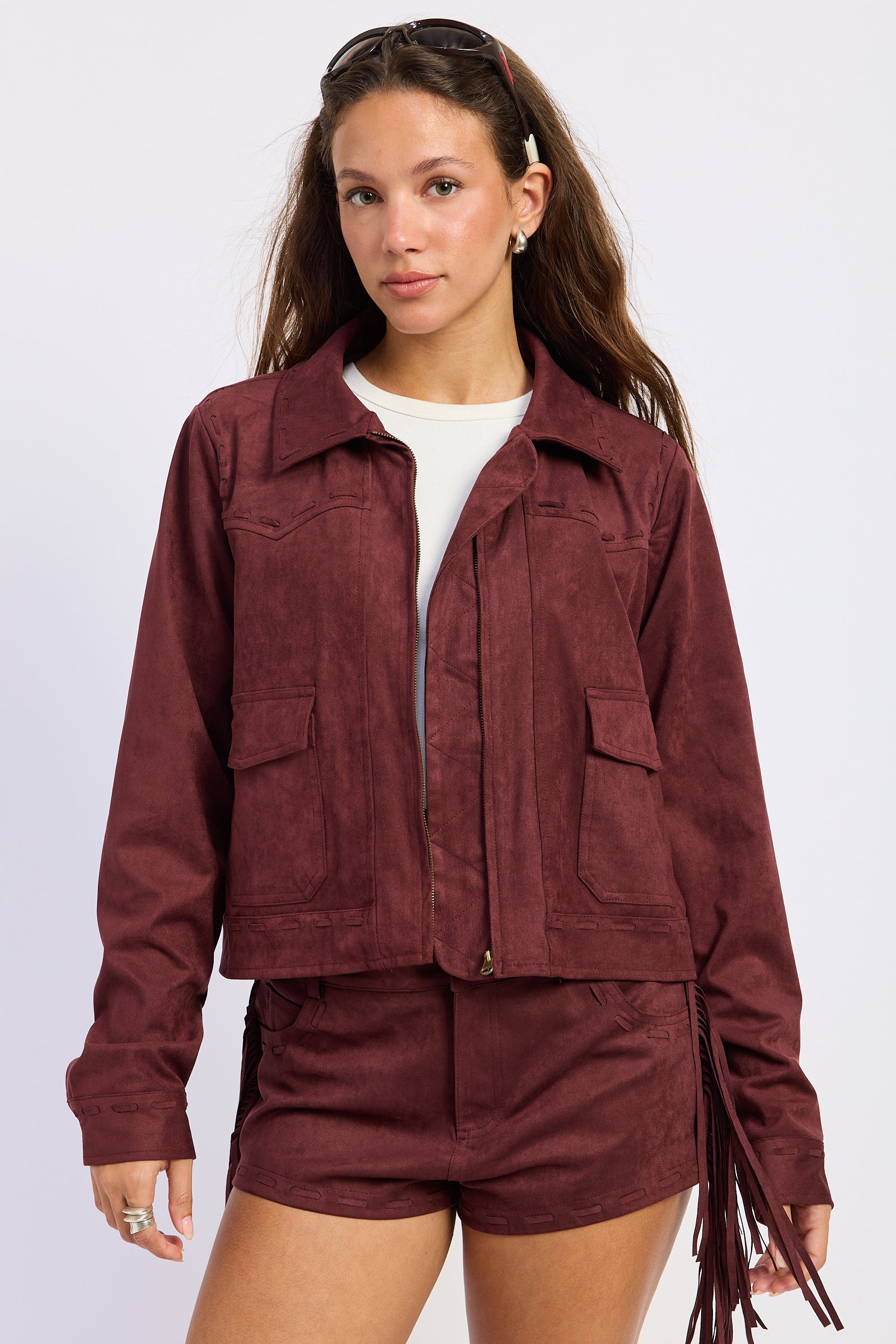 Suede Cropped Jacket in wine, detail